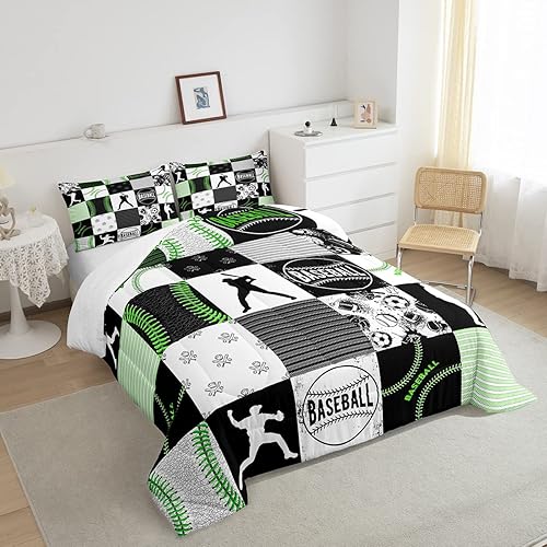 Miniatura 4 de Juego de ropa de cama de béisbol para niños, tamaño matrimonial, juego de edredón para niños de sóftbol para todas las estaciones, ultra cálido,