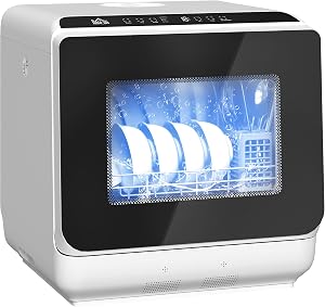 HOMCOM Countertop Dishwasher, Portable Dishwasher, Built-in 6L Water Tank, 5 Wash Programs, Touch Control, LED Display, 4 Place Settings, Dual Water Supply and Air Drying Function