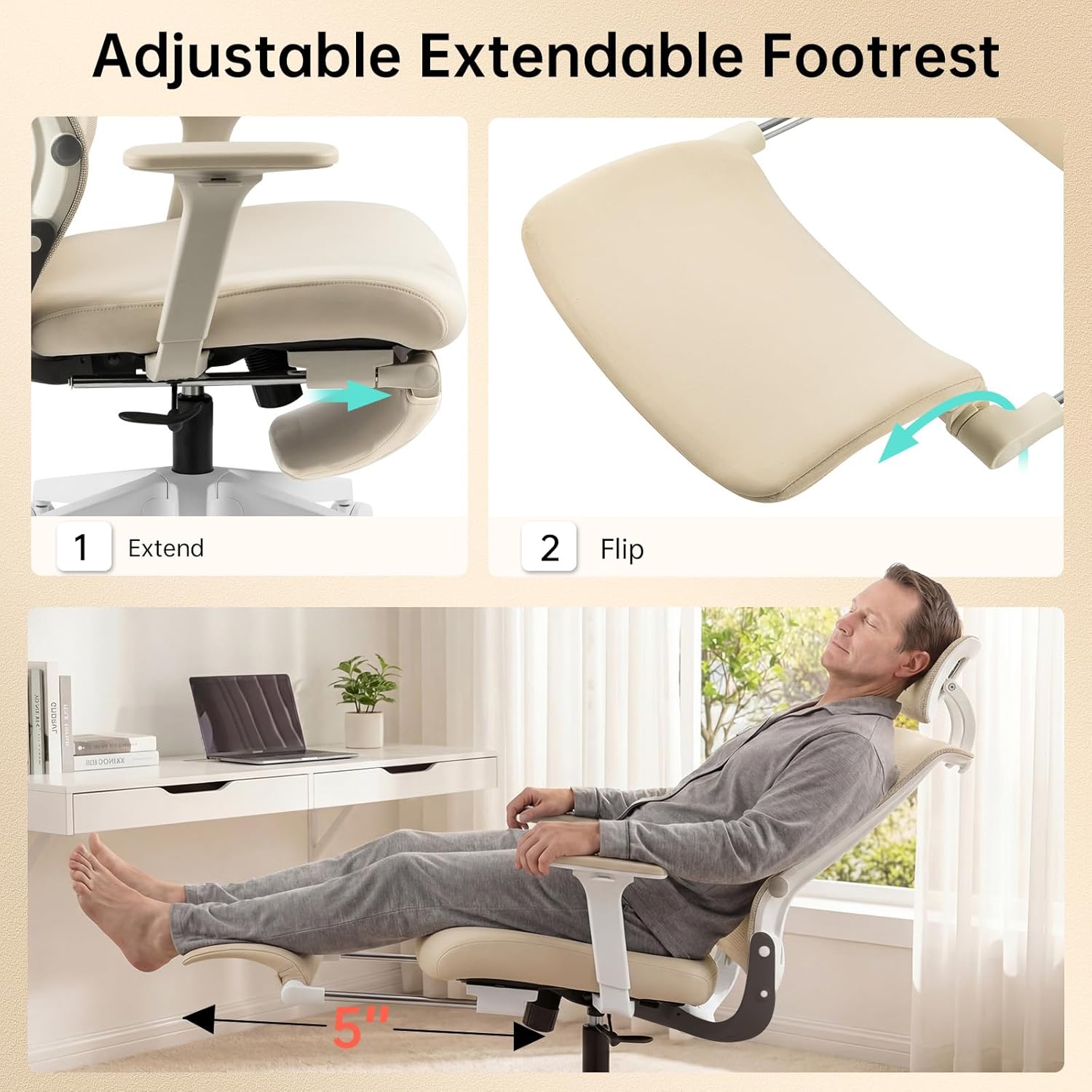 Foldable Office Chair with Foot Rest, Ergonomic Office Chair with