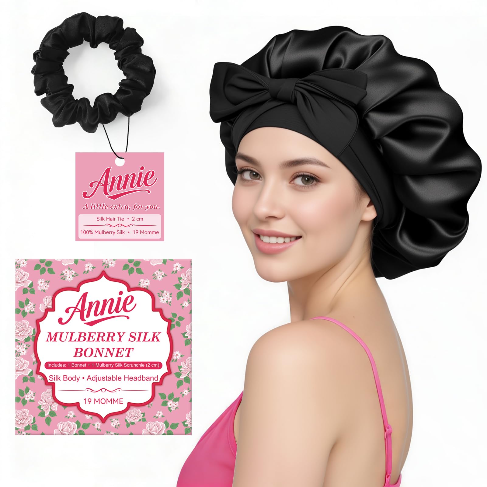 Seidenhaube zum Schlafen aus 100% 6A Maulbeerseide 19 Momme mit Verstellband, Rutschfestes Bonnet für Locken und Lange Haare, silk bonnet Set mit Seiden-Haargummi