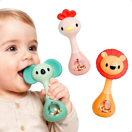iPlay, iLearn Juguete de sonajero para bebés, juguetes sensoriales de dentición para bebés de 3 a 6 a 12 meses, juego de sonajeros de animales para