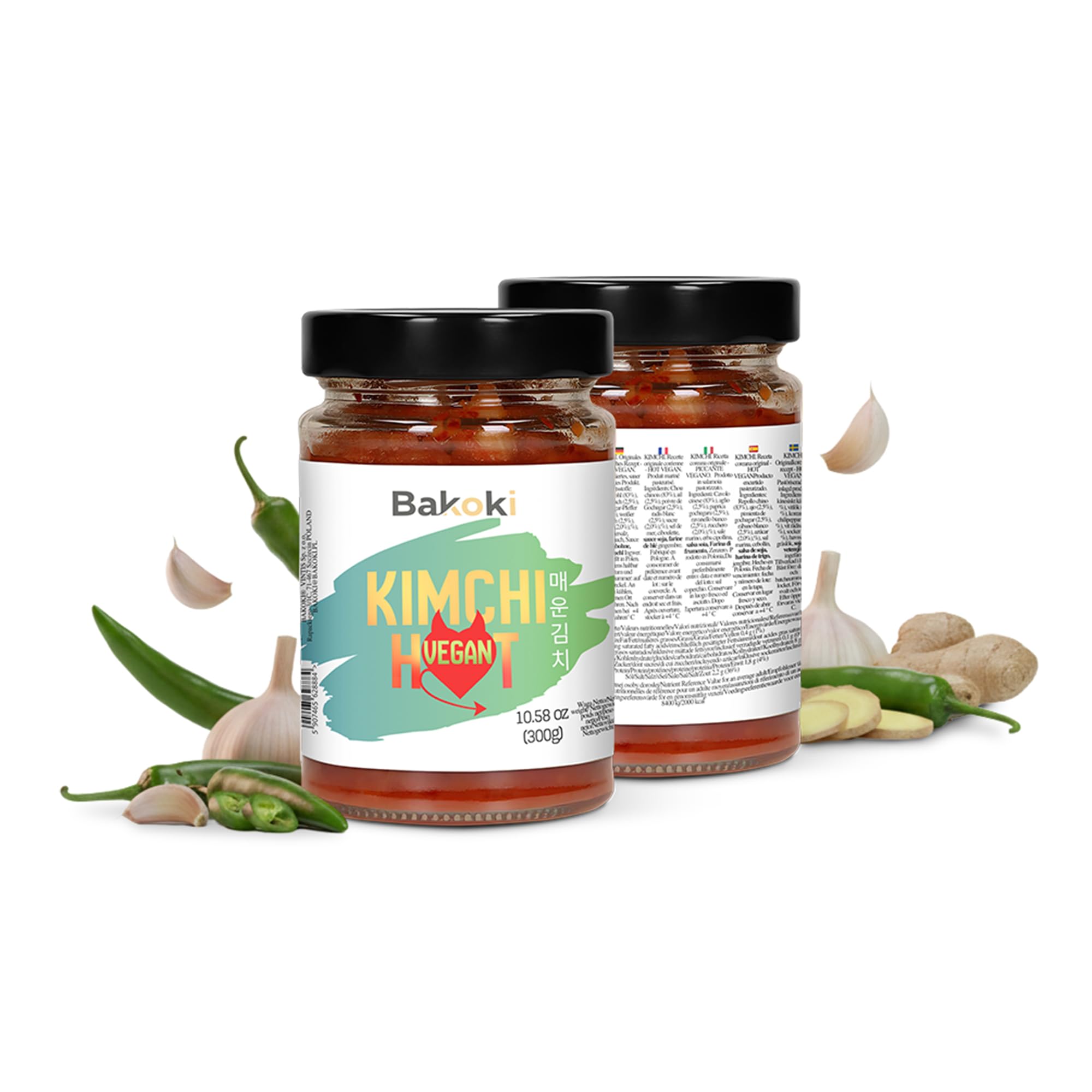 Bakoki Premium 매운 김치 Hot‑Kimchi VEGAN Gochugaru kimchi coreano picante repollo napa fermentado tradicional probiótico umami 2 x 300 g
