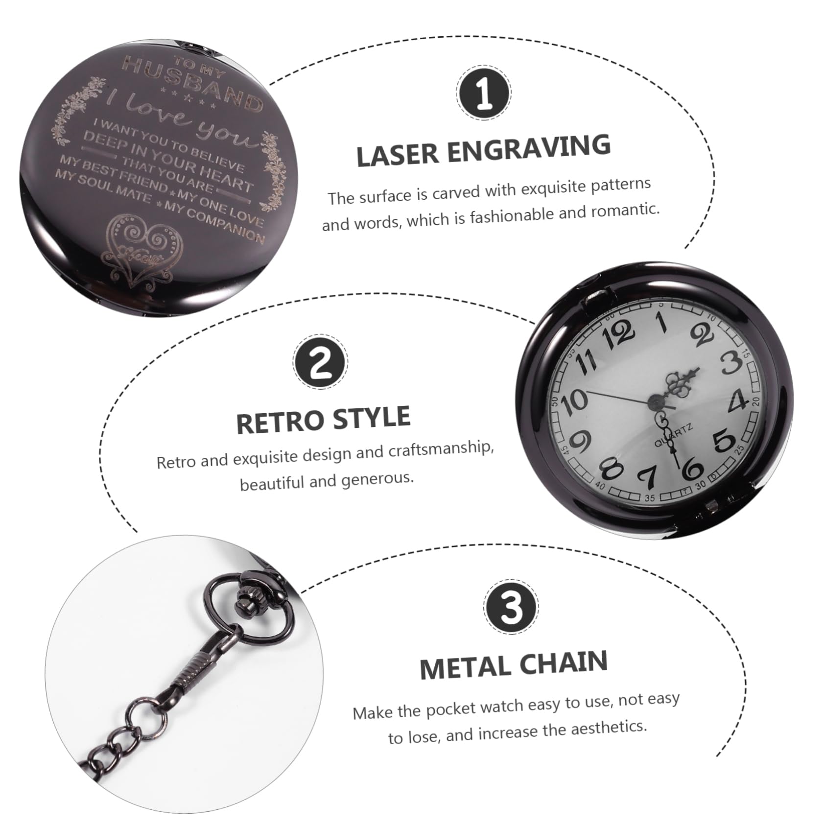 PACKOVE 3piezas Reloj De Bolsillo Vintage con Números Árabes Reloj De Cuarzo para De Cumpleaños y Aniversario para Esposo Diseño Elegante y Clásico para Ocasiones Especiales