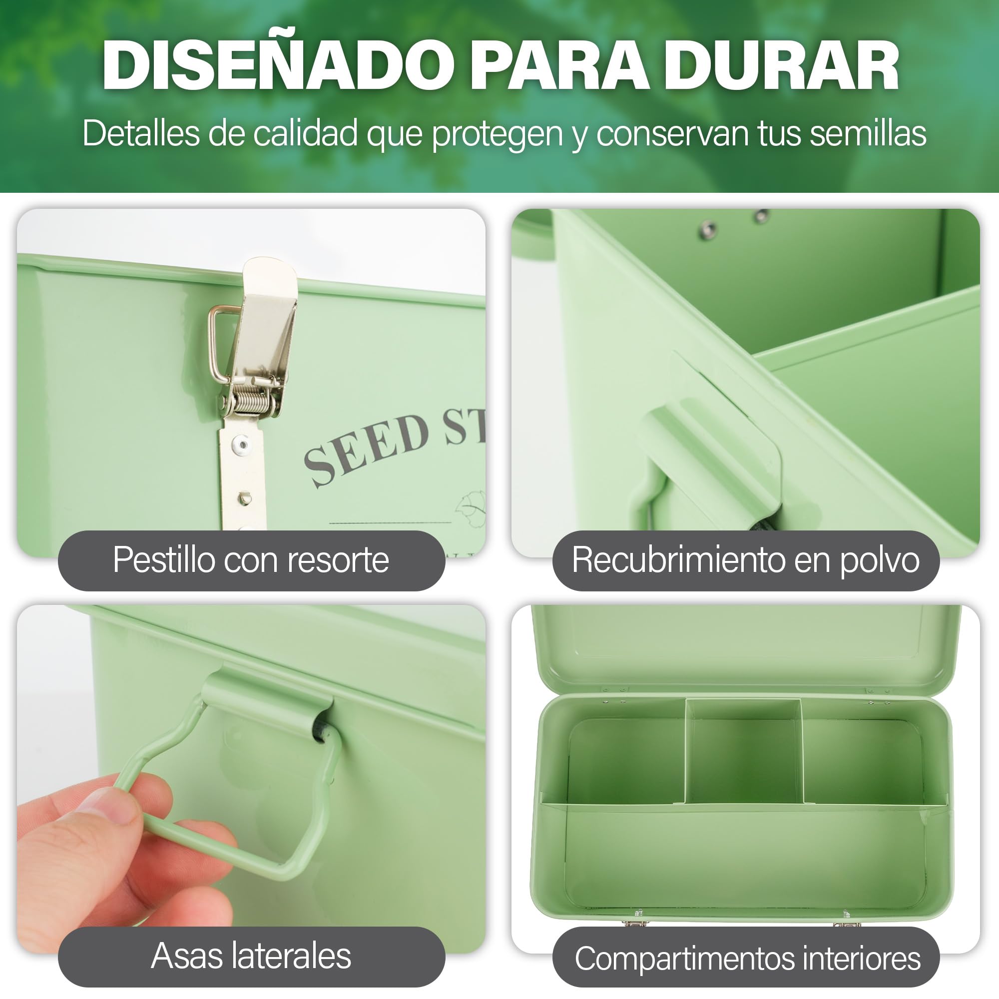 Caja organizadora para almacenar semillas: lata con tapa, asas y 4 compartimentos – Ideal para guardar paquetes de semillas. Regalo de jardinería con más de 200 accesorios.