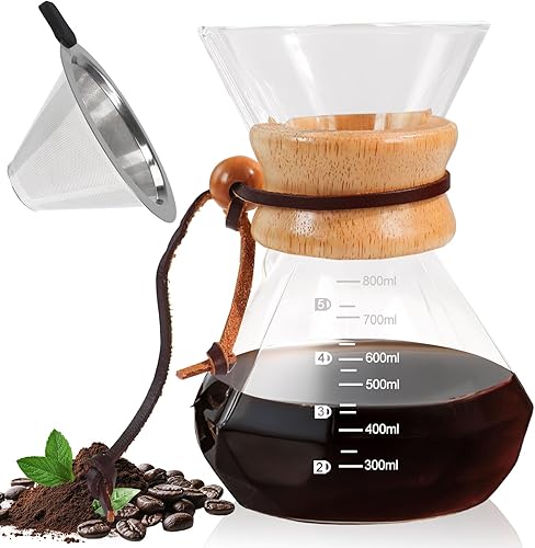 Miniatura 12 de Juego de cafetera para verter sobre 33.8 fl oz, 33.8 onzas, cuenta con filtro de acero inoxidable 304, cafetera de vidrio con pico de borosilicato