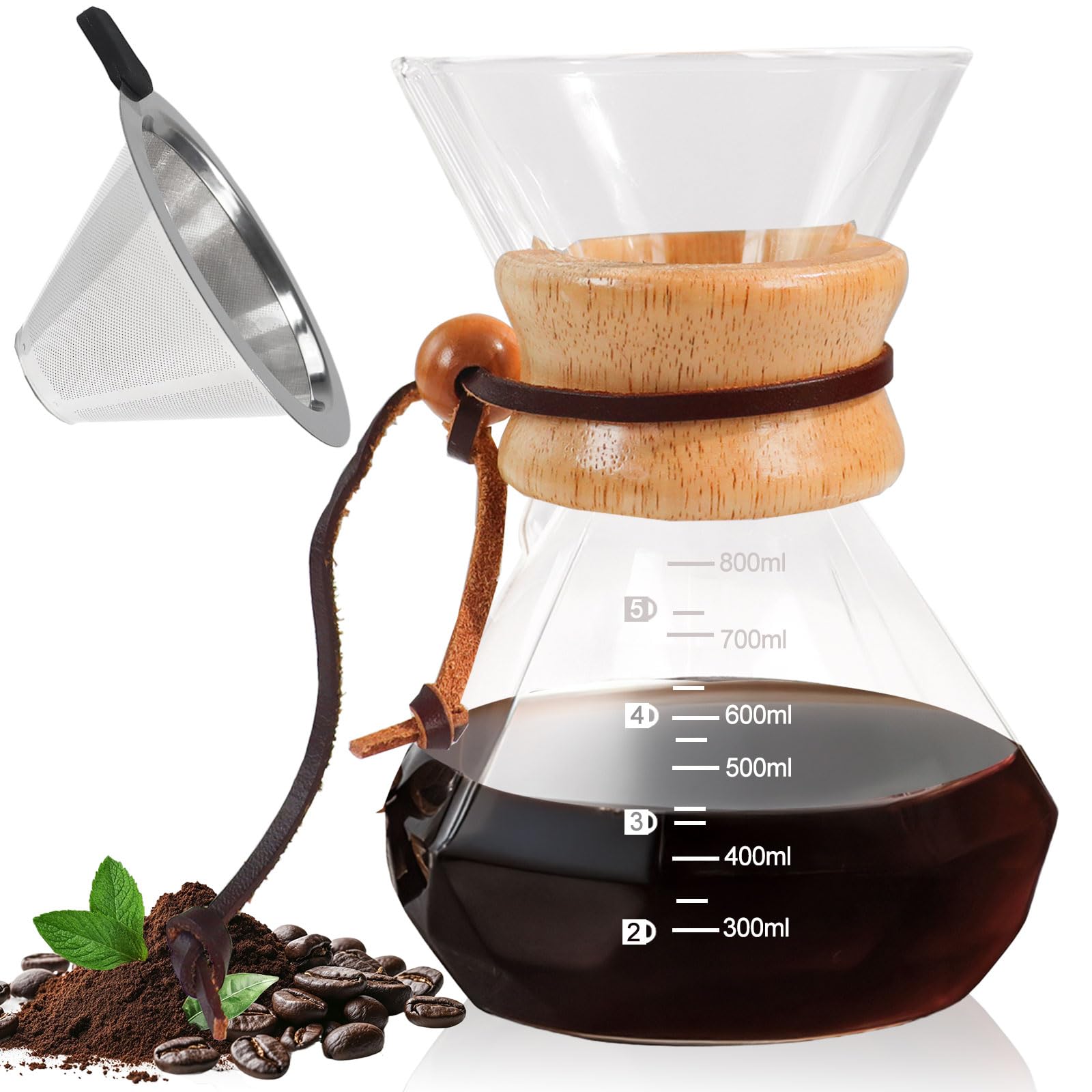 DITOSH Pour Over Coffee Maker 800ml 27.1oz Glass Drip Coffee Maker with 304 Stainless Steel Filter High Borosilicate Glass Duckbill Spout Solid Wood Handle Pour Over Coffee Dripper for Daily Brewing