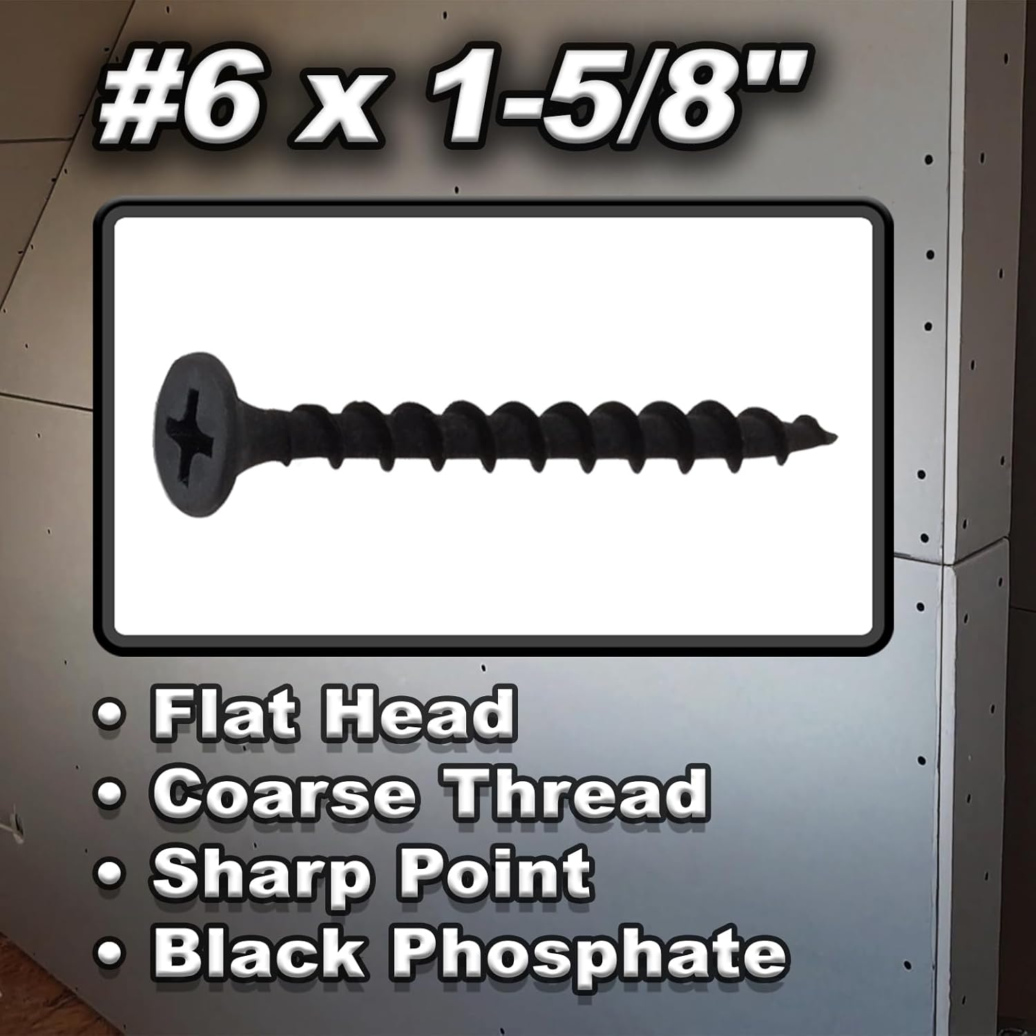 #6 x 1-5/8" Drywall Screws – Bulk 4,000 Pack, Coarse Thread, Sharp Point, Phillips Drive, Bugle Head, Black Phosphate – Wood & Drywall Fasteners + Driver Bit Included DHD6158-4000C