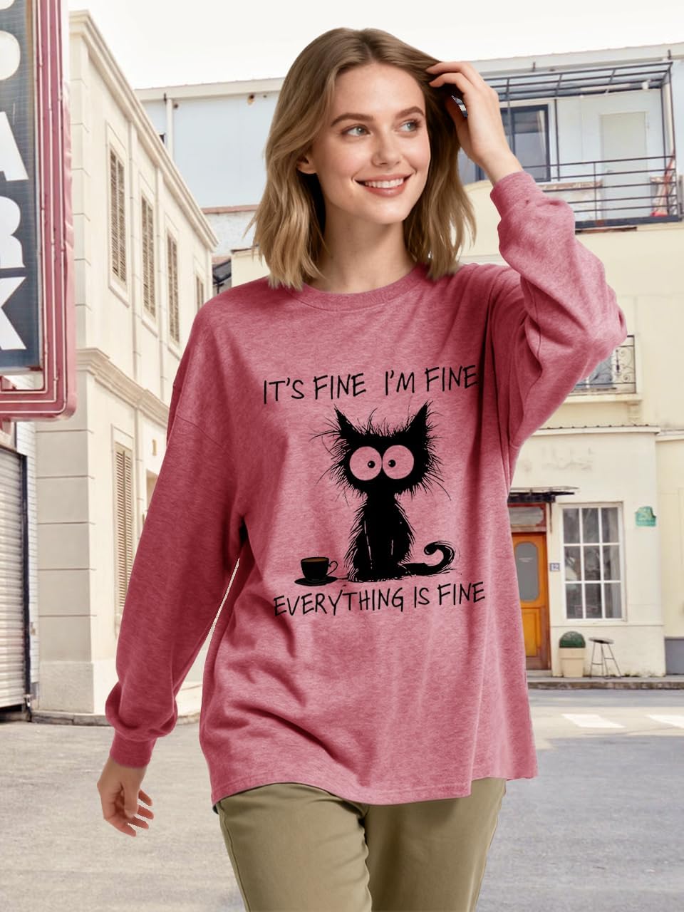 Womens Funny Saying I'm Fine Everything is Fine Sweatshirt Humor Graphic Tee Casual Loose Long Sleeve Cute Cat Tops - Image 2