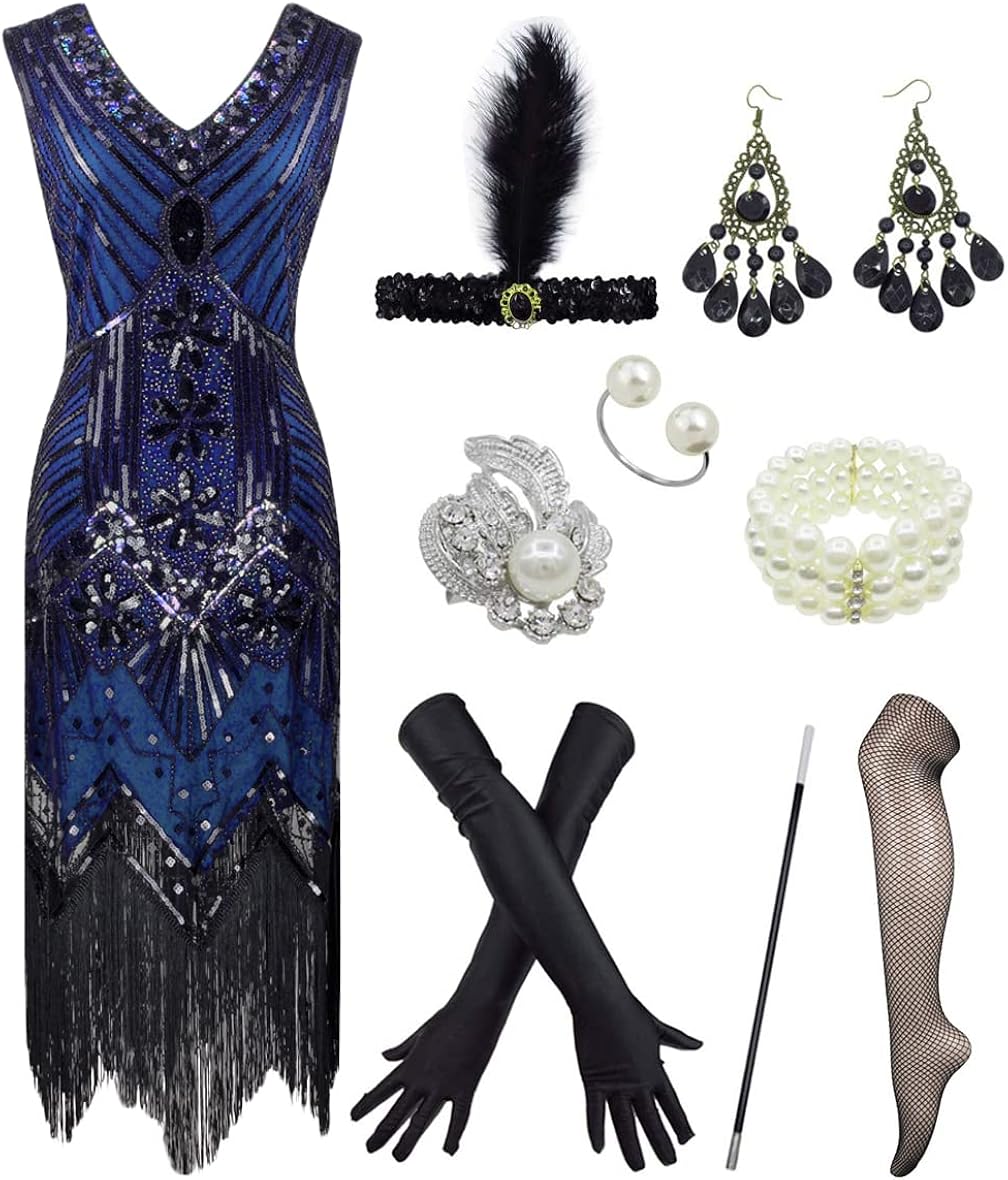 Women's 1920s V Neck Beaded Fringed Gatsby Theme Flapper Dress with Accessories Set