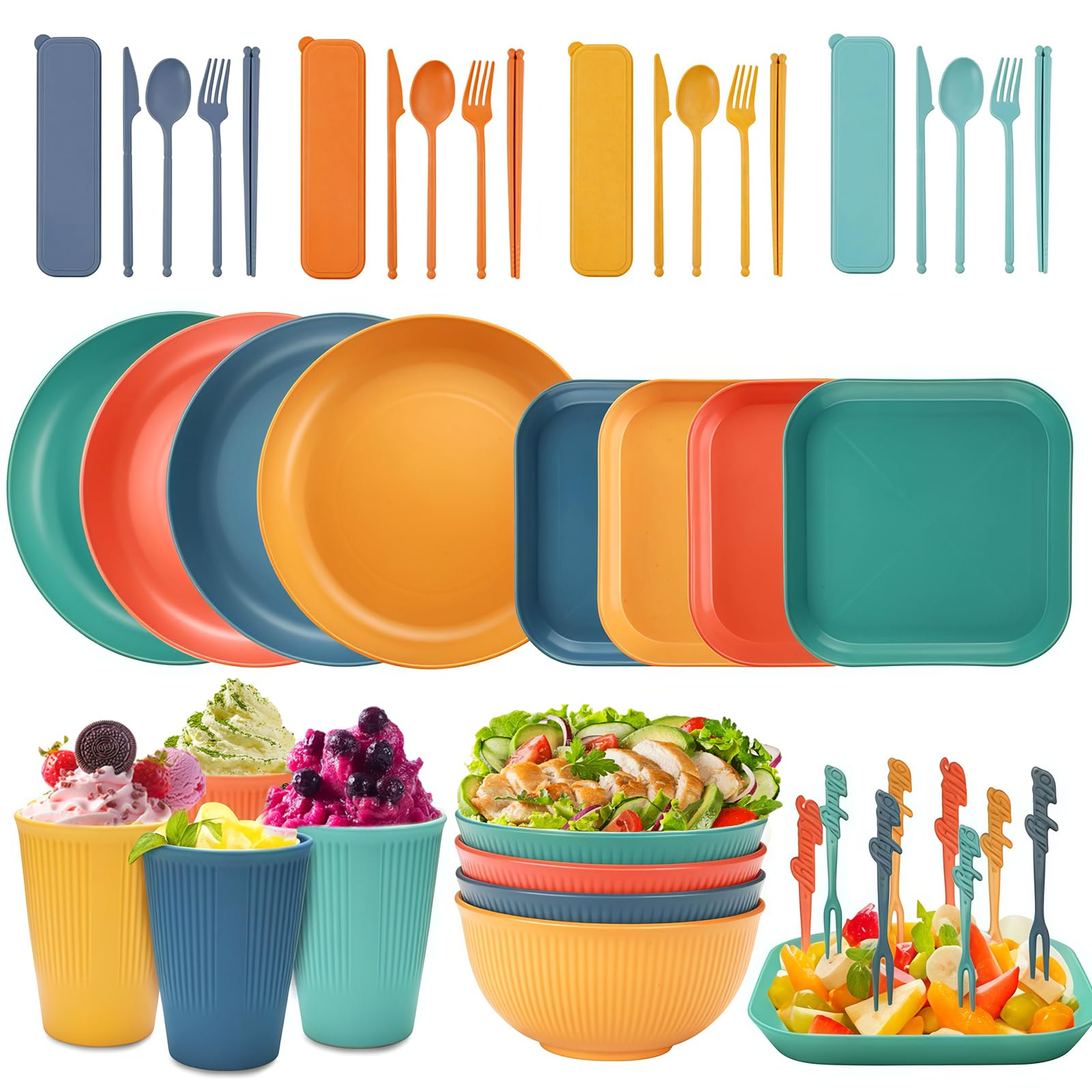 Ensemble de Vaisselle en Plastique Réutilisable pour 4 Personnes, 48 Pièces Incassables pour Camping, Pique-Nique et Fête, Assiettes, Bols, Verres et Couverts Durables