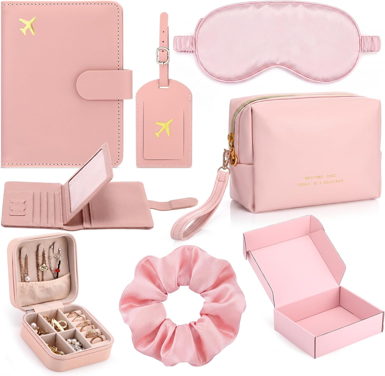 Maitys Black 6 Pcs Travel Gift Set for Women, Passport Holder, Luggage Tag, Makeup Bag, Jewelry Box, Sleep Mask, Bridesmaid Favors