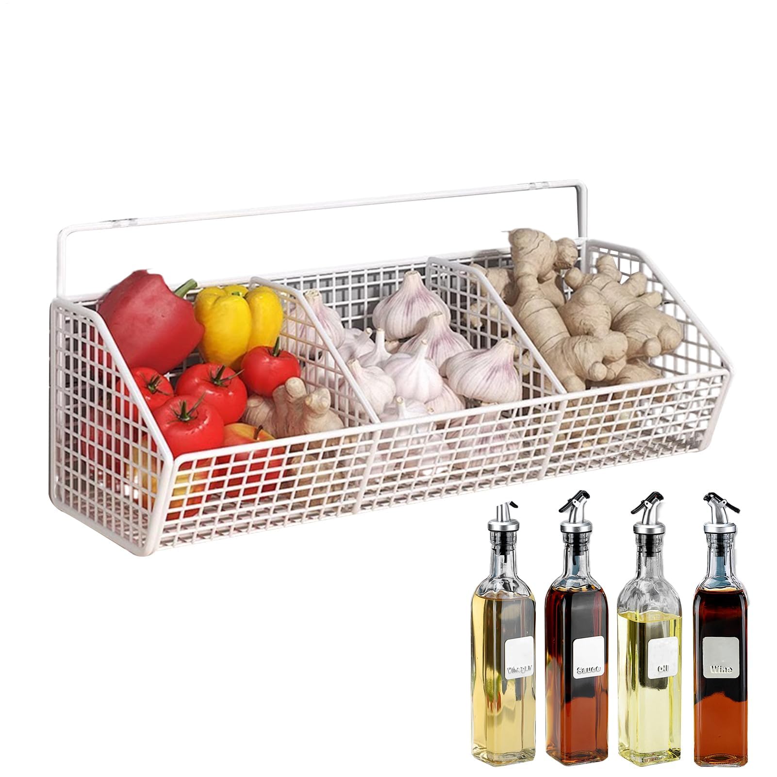 MRKU Basket Storage Box Kitchen Wall,3-Compartment Onion Rack,Wall-Mounted Organizer,Space-Saving Design,Durable