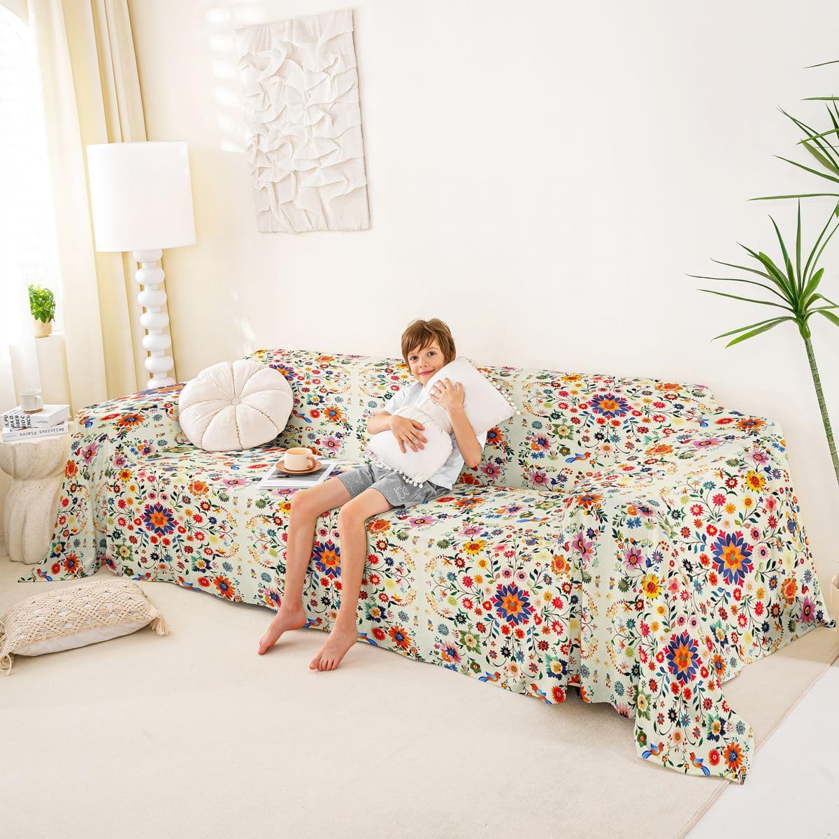 Erosebridal Groovy Flower Couch Covers 91" x 118" Hippy Bohemia Sofa Covers Birds Animals Couch Protector Red Blue Sofa Slipcover