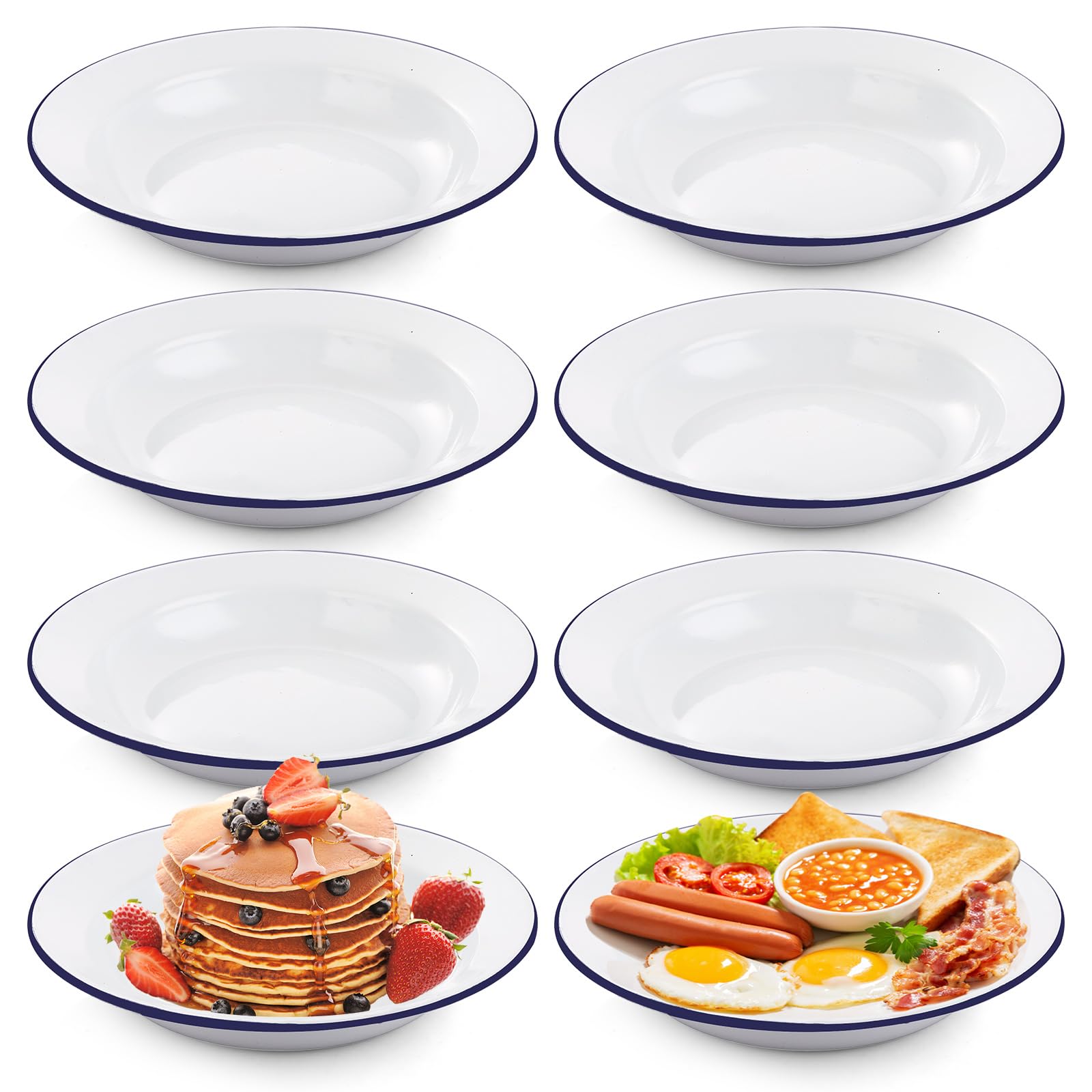 LDXDRU 8 Pack 24cm / 9.4 Inch Enamel Pie Dish, Enamel Roasting Tin with Blue Trim, White Enamelware Round Roasting Tray for Oven, Stove, Dishwasher Safe