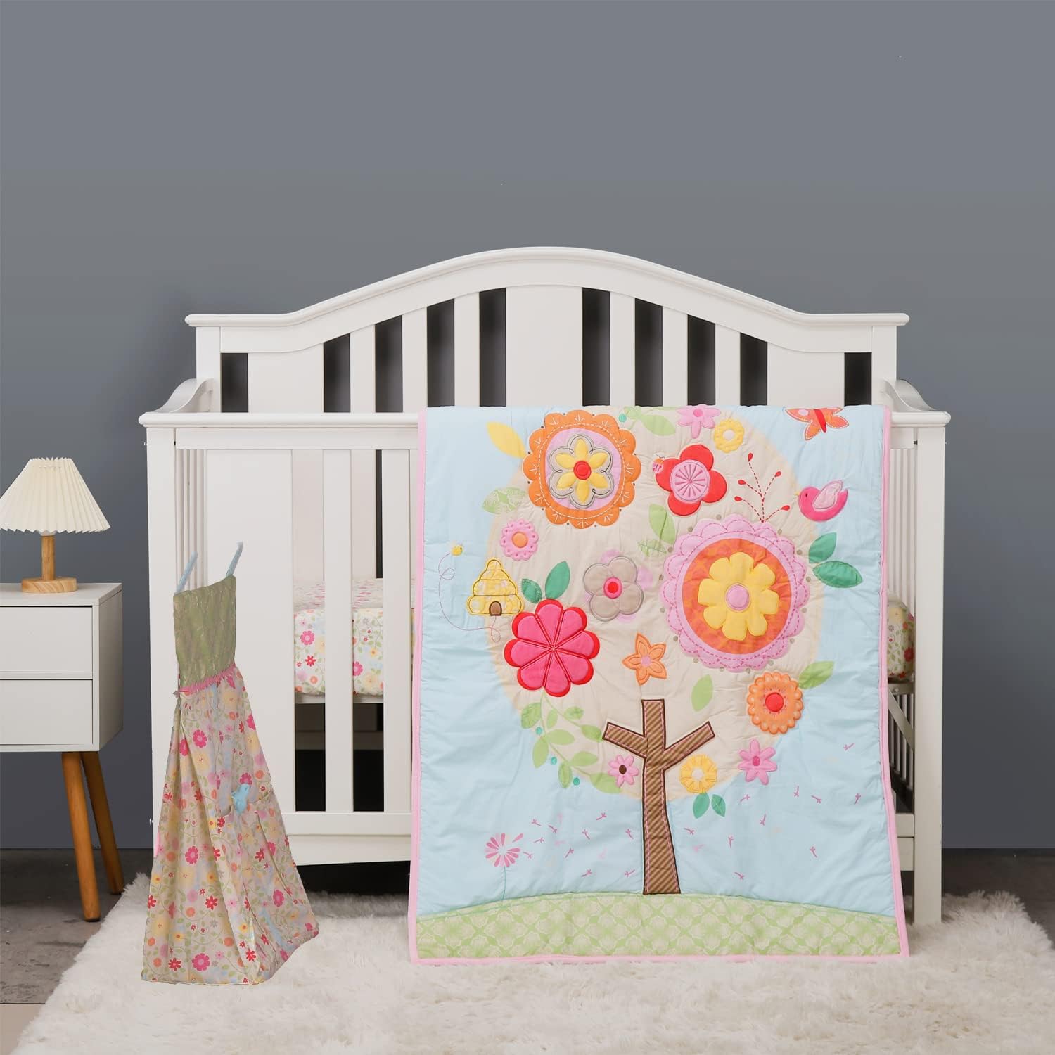 Floral Nursery Crib Bedding Set for Girls -Embroidery Flower Butterfly Baby Girl Bedding Set - Quilt/Fitted Sheet/Diaper Stacker