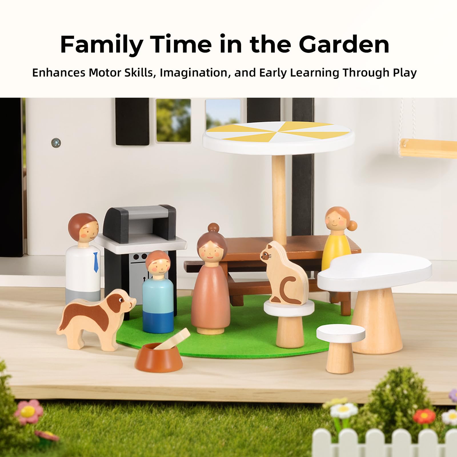 OOOK Puppenhaus Holz, Dollhouse mit 66 Möbel & Zubehör, Puppenhaus ab 3 Jahre Mädchen und Jungen, Spielzeug Geschenke für Kinder inklusive Puppen und Tier Sets