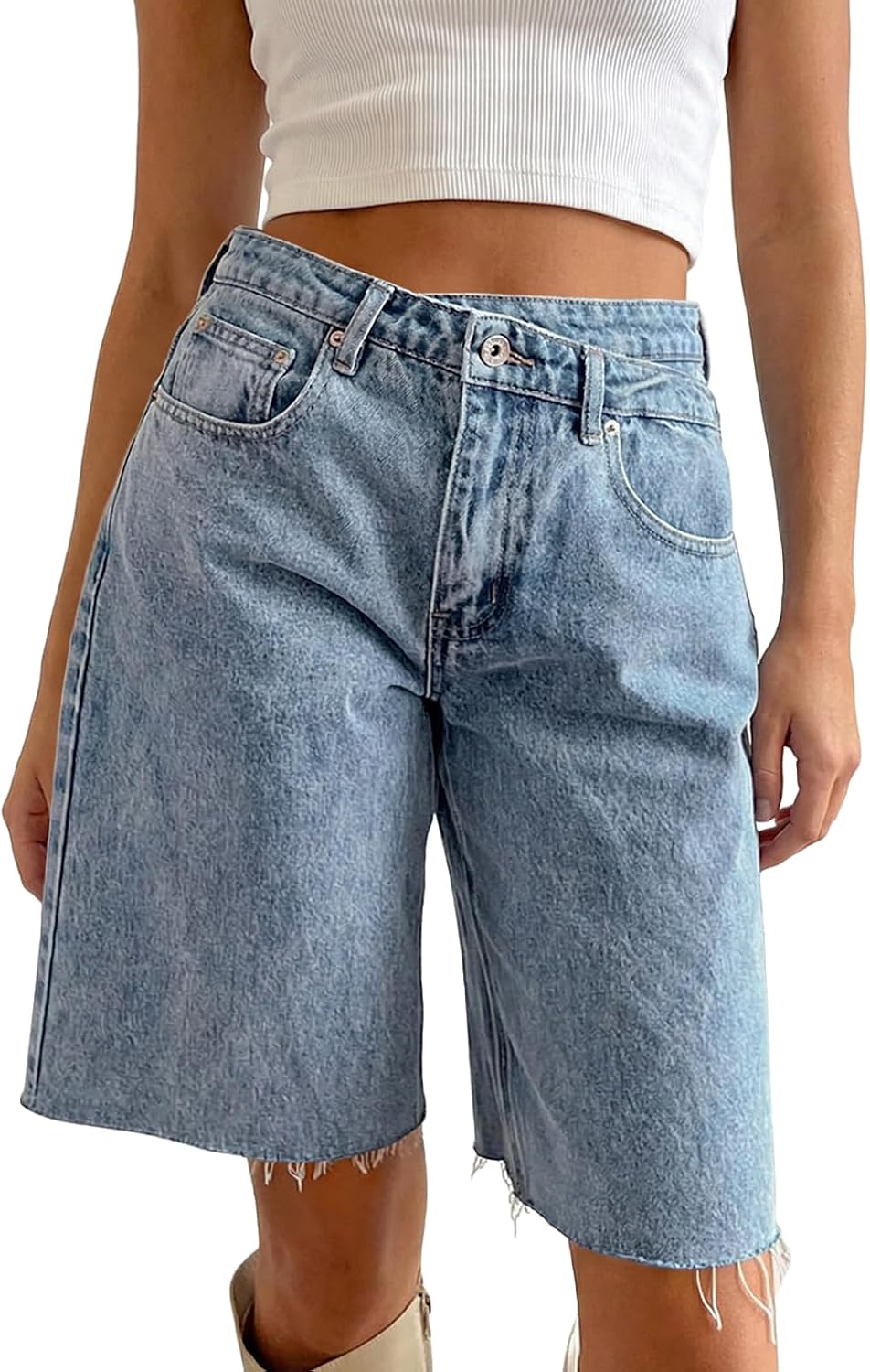 PLNOTME Womens Crossover Denim Shorts Summer Asymmetrical High Waisted Straight Leg Jean Shorts