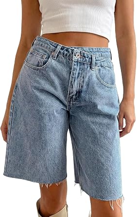 PLNOTME Womens Crossover Denim Shorts Summer Asymmetrical High Waisted Straight Leg Jean Shorts
