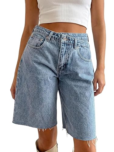 PLNOTME Womens Crossover Denim Shorts Summer Asymmetrical High Waisted Straight
