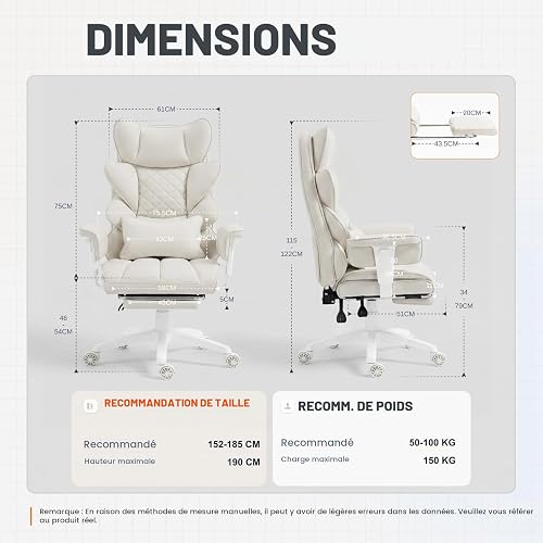 Dowinx Chaise Ergonomique Gaming et Bureau – Coussin à Ressorts ensachés, Dossier Double Couche Souple, accoudoirs réglables, Soutien Lombaire, Repose-Pieds (PU Blanc) - 8