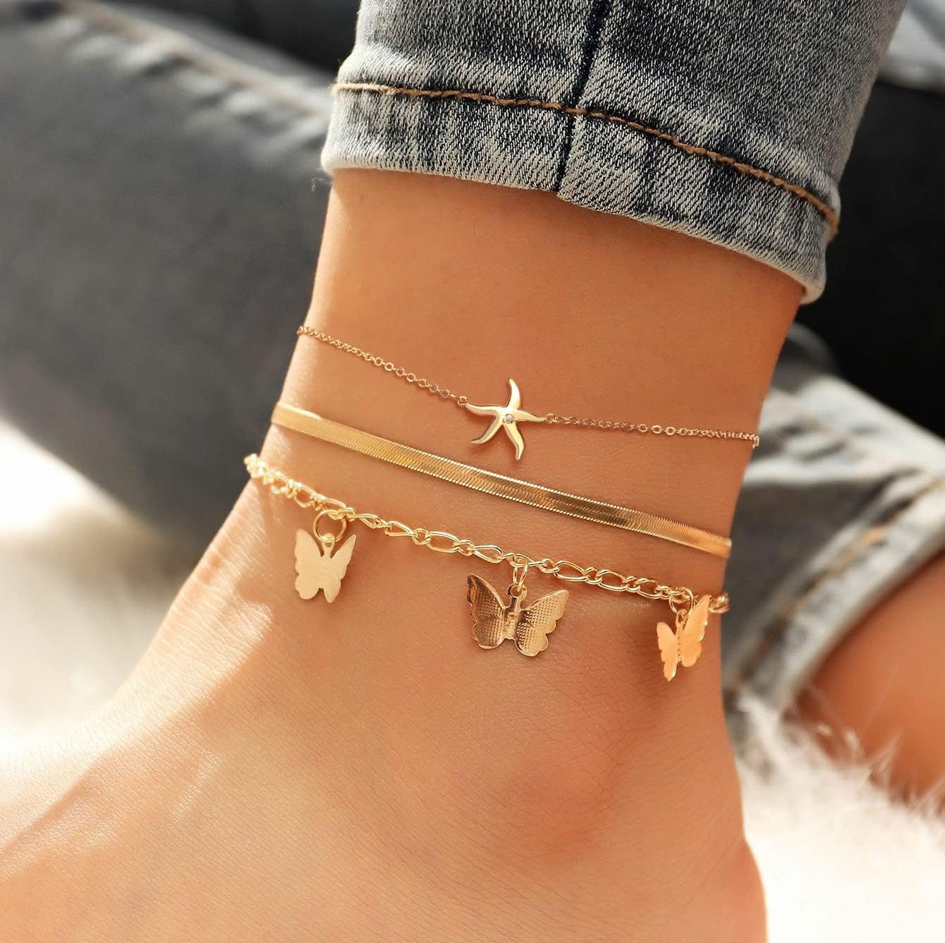 Gold Ankle Bracelets for Women, 14K Gold Plated Anklets Adjustable Cuban Link Anklets Set Tiny Cute Summer Barefoot Jewelry Gift. - Image 2