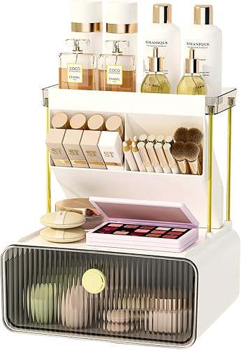 Miniatura 11 de FOLLOWIN Organizador de mostrador de baño con cajón, organizador para la parte superior de la cómoda con soporte para brochas de maquillaje, estante