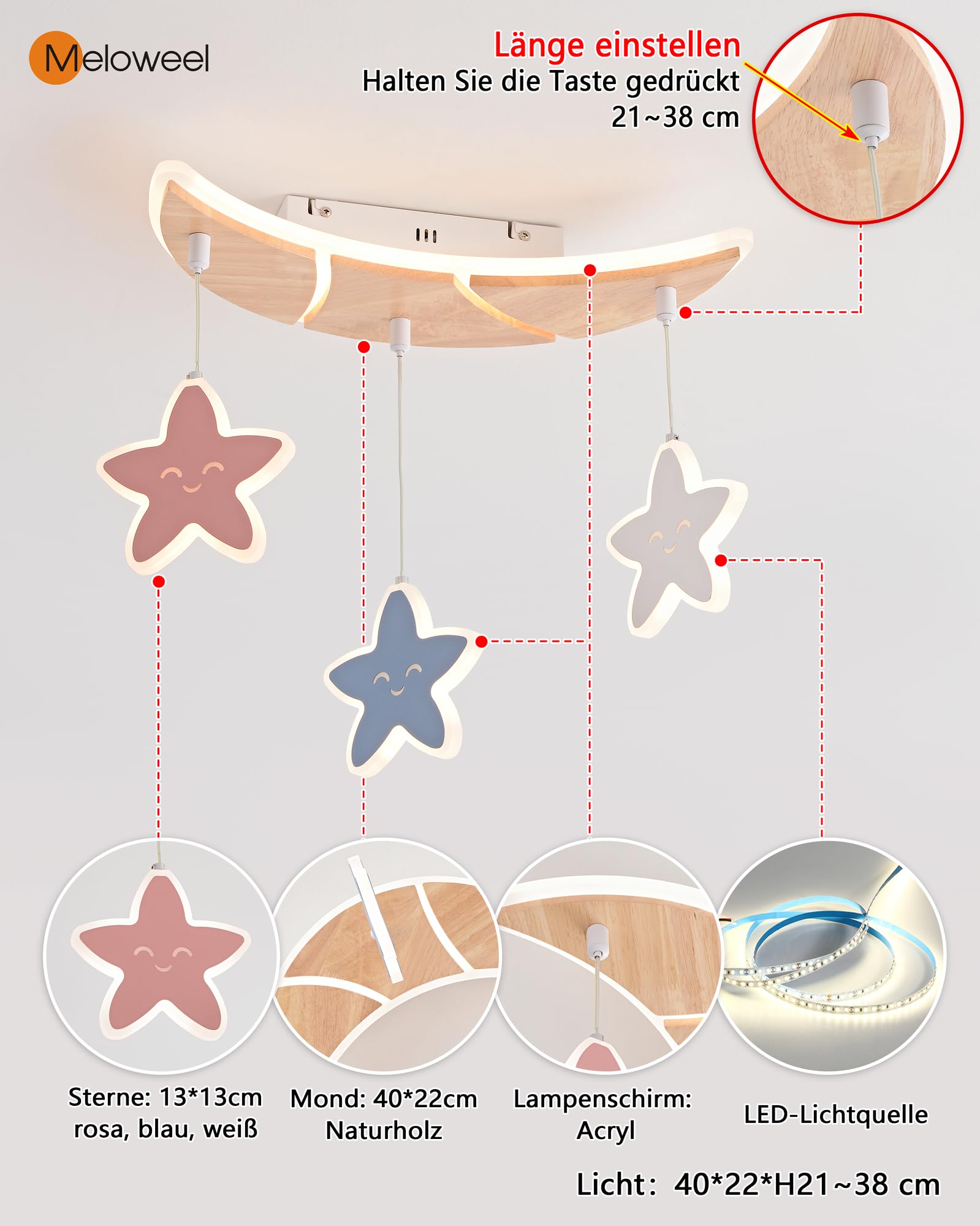 LED Deckenleuchte Stern Mond, 40cm 32W Holz Kinder Lampe Dimmbar 3000-6000K mit Fernbedienung, Für Kinderzimmer, Babyzimmer, Jugendzimmer, Schlafzimmer, Mit Memory-Funktion, 4W Nachtlicht