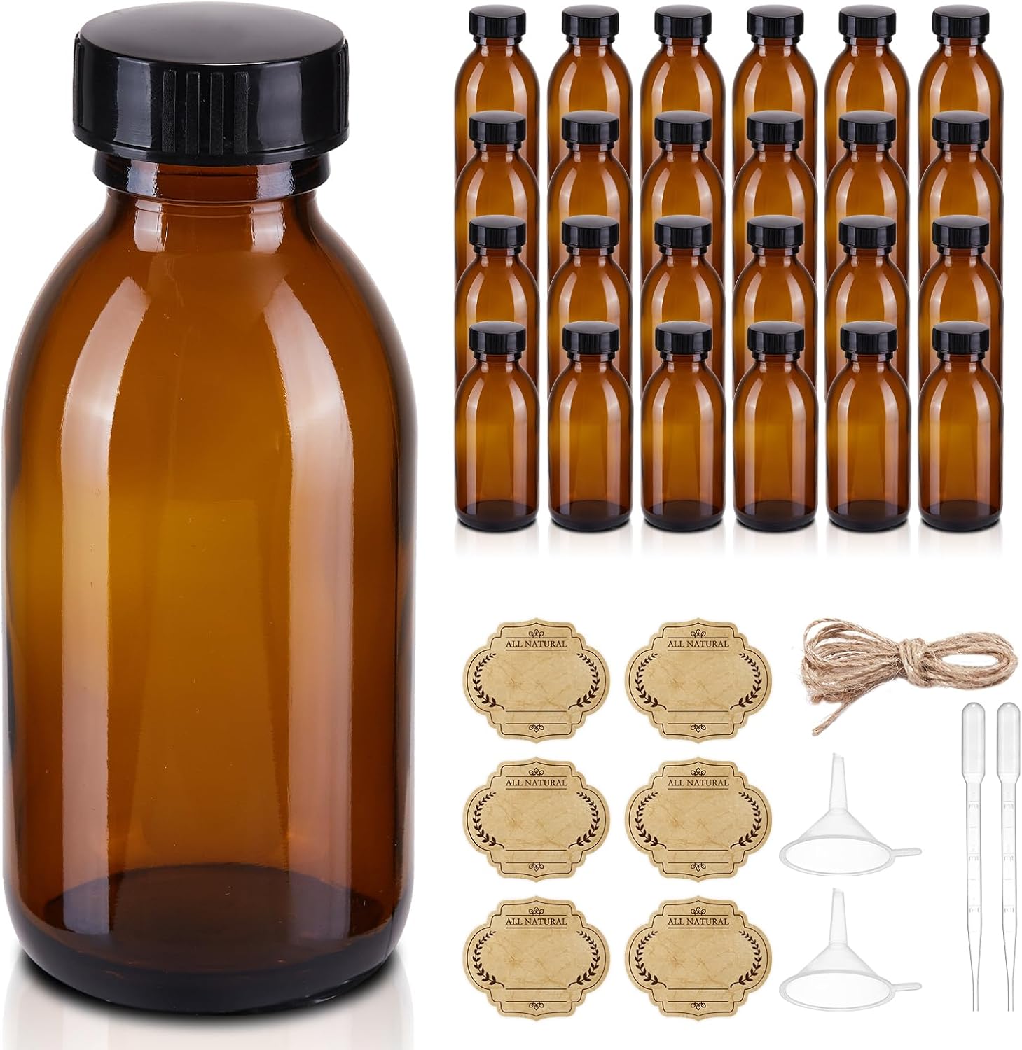 24 Pack 4 OZ Glass Bottles with Lids, Amber Glass Bottles for Homemade Vanilla Extract, Essential Oils, Juice, Potion, Syrup, Liquids, Christmas Gift