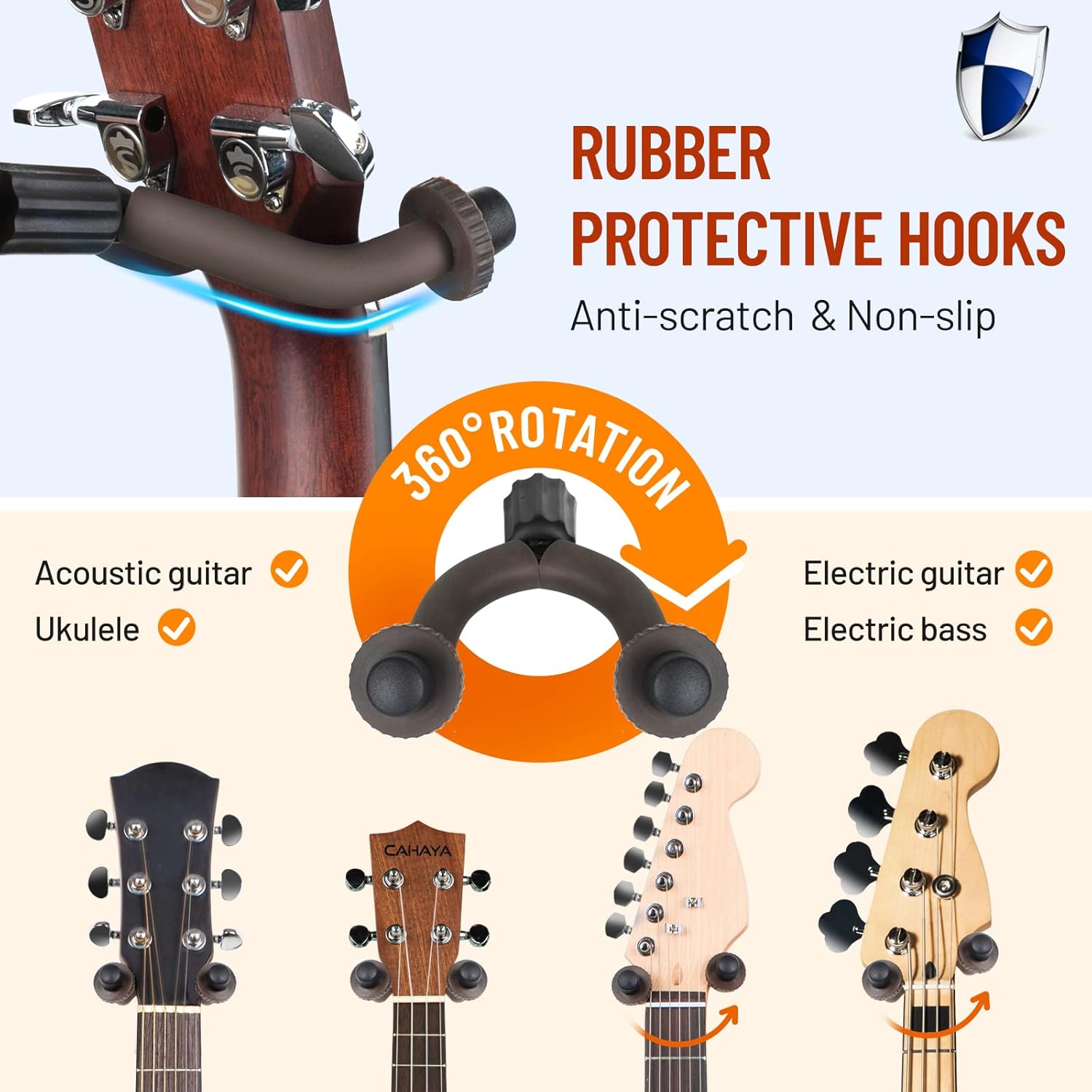 CAHAYA Guitar Wall Mount Hanger with Shelf and Pick Holder Rotatable Rubber Hooks Take 2 Guitars for Acoustic Electric Bass Violin Banjo Mandolin Ukulele CY0298