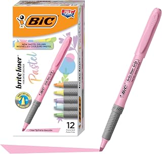 BIC Brite Liner Grip Pastel Highlighter Set, Chisel Tip, 12-Count Pack in Assorted Colors, Cute Highlighters for Bullet Journal Exercises, Note Taking and More