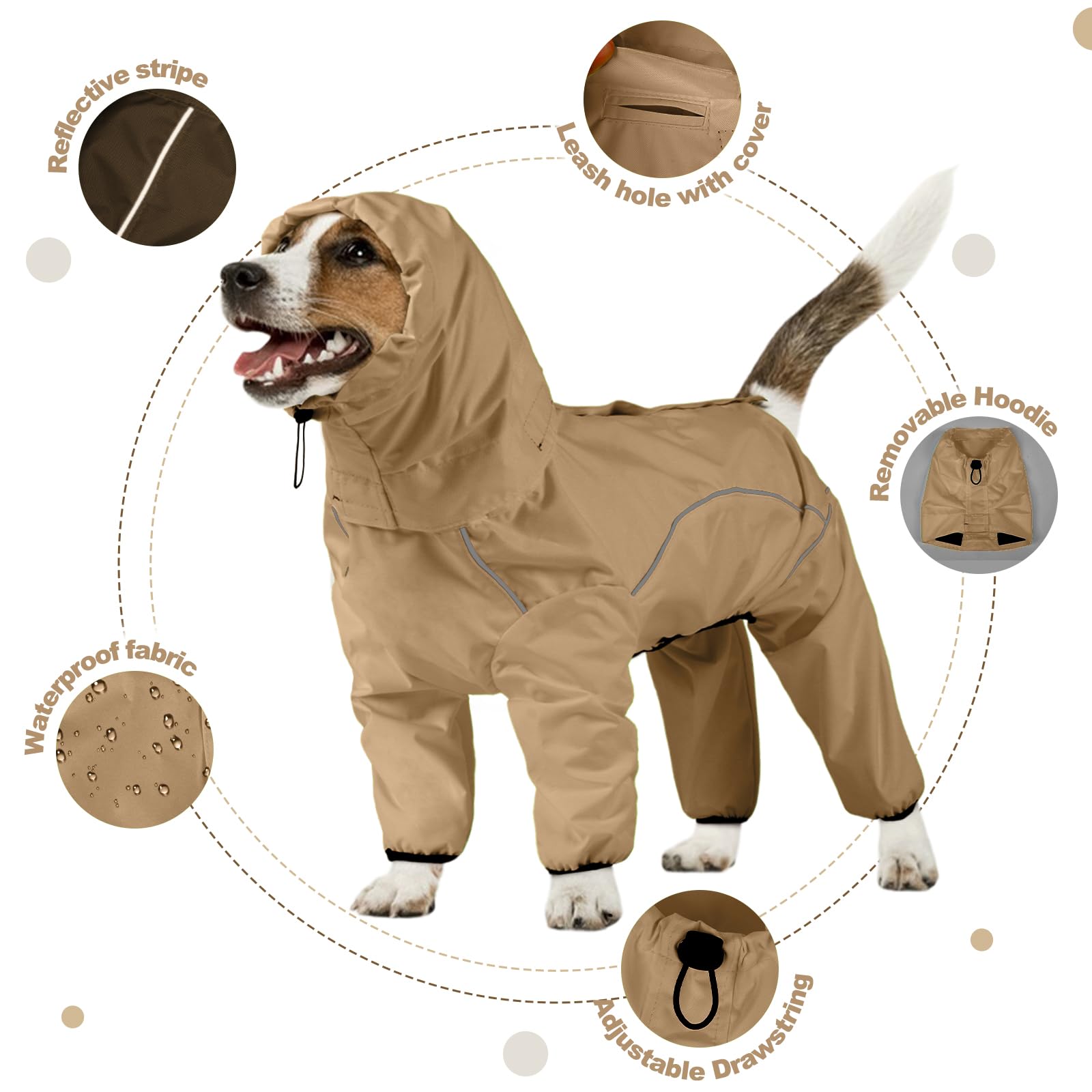 Hunde-Regenmantel, wasserdichte Hunde-Regenjacke mit Abnehmbarer Kapuze, Verstellbarer 4-Beine-Haustier-Poncho mit Leinenloch, reflektierende Streifen, Kapuzen-Schneeschutz, Winddichte Kleidung für