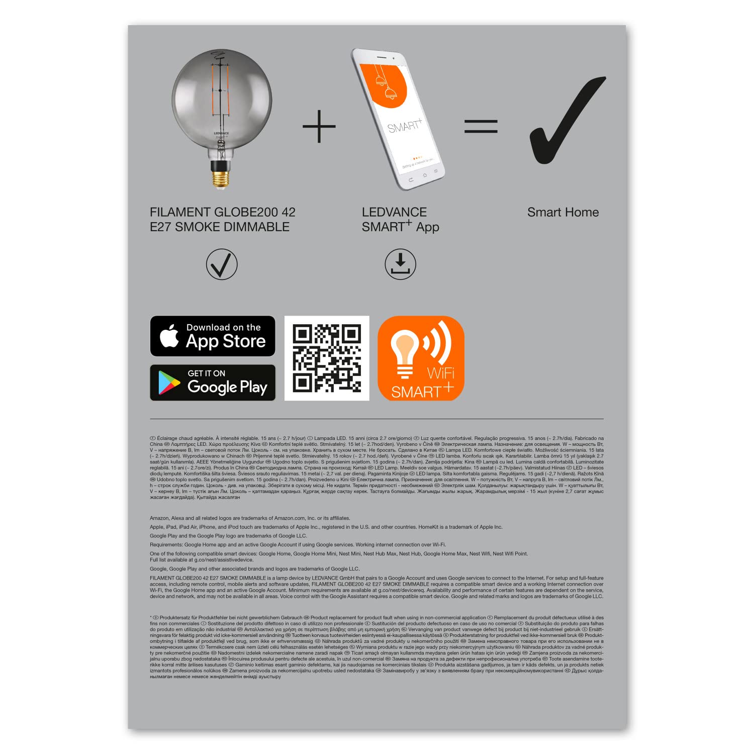 LEDVANCE Bombilla LED inteligente con tecnología Wifi, casquillo E27, regulable, blanco cálido (2500K), forma de globo grande, filamento transparente en cristal ahumado, paquete de 4