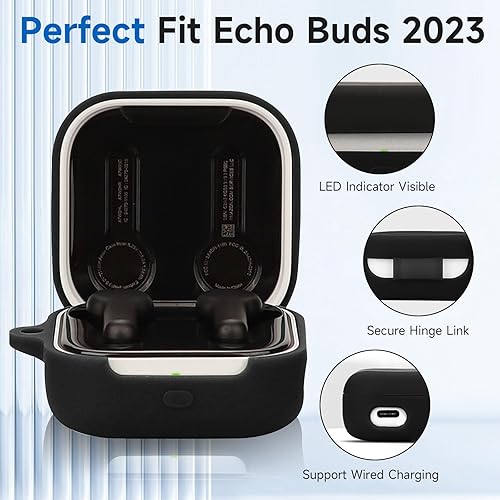 Miniatura 2 de Funda compatible con Echo Buds 2023, silicona suave a prueba de golpes, funda protectora para Echo Buds con mosquetón, LED frontal visible (negro)