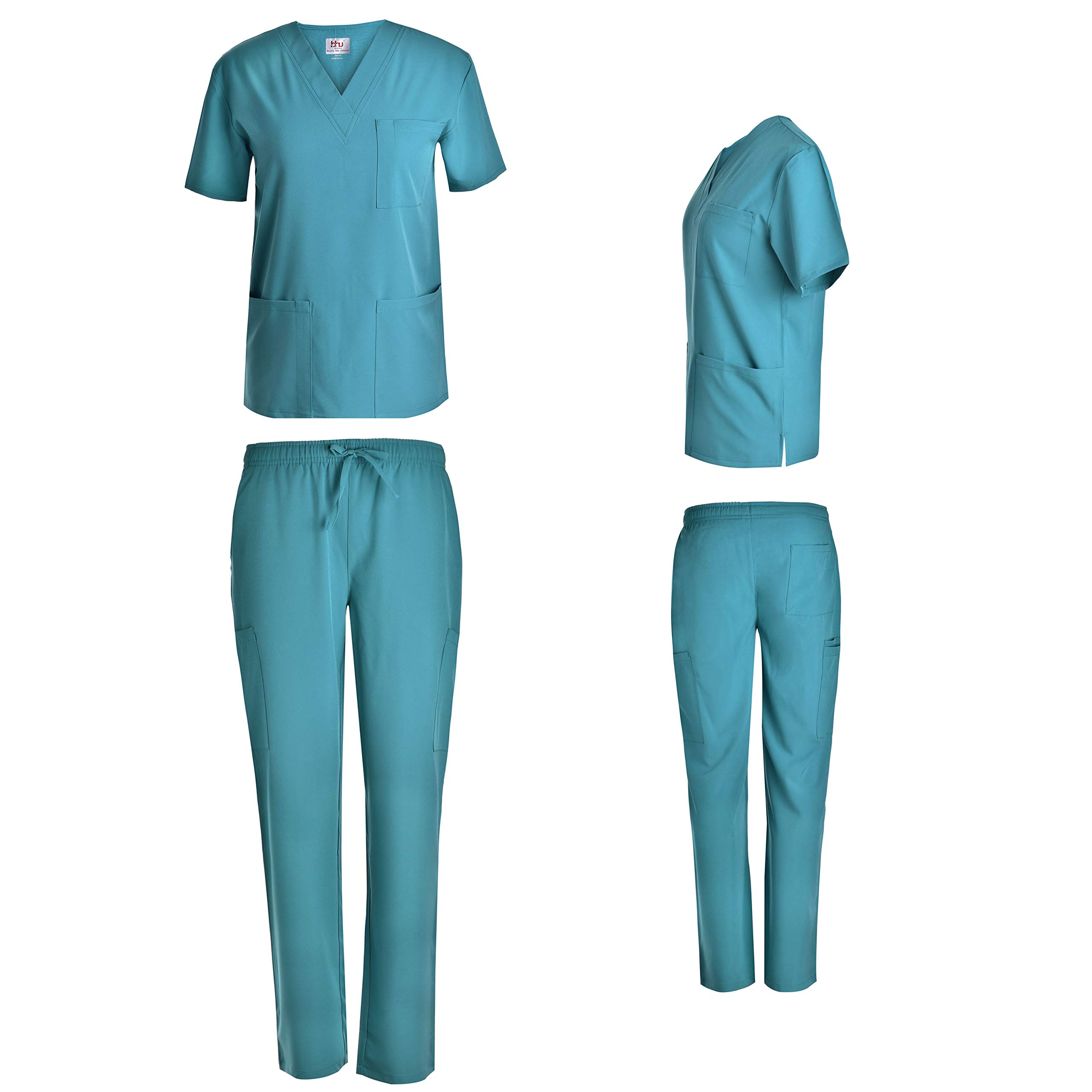 Beverly Hills Uniforms Unisex 4-Way Stretch Scrubs Set Top and Pants (Teal Green, Medium)