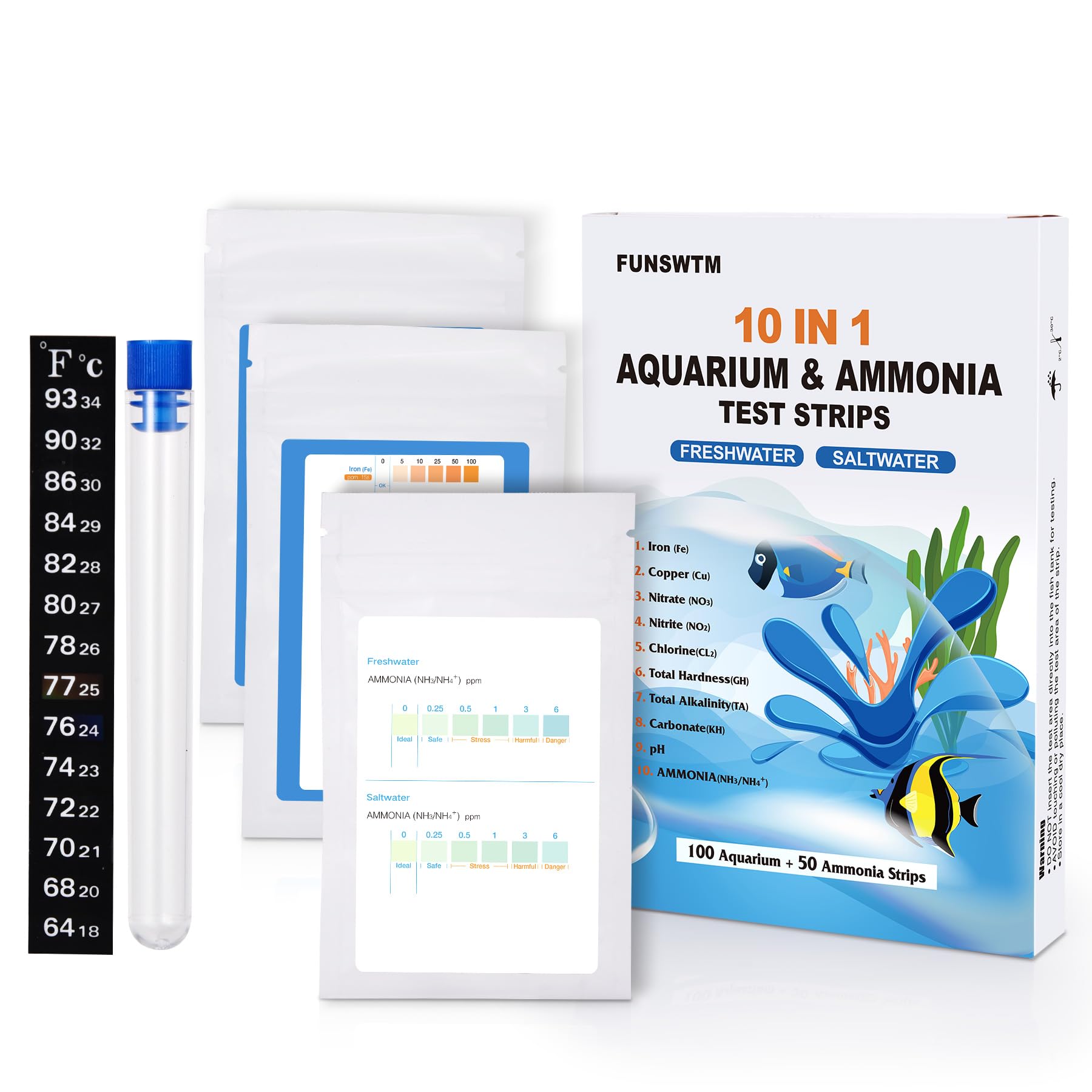 FUNSWTM Aquarium Test Strips for Freshwater: 10 in 1 Aquarium Ammonia Test Strips for Fish Tank Ammonia Test Kit for Aquarium Pond - Testing Ammonia Nitrate Nitrite pH,etc