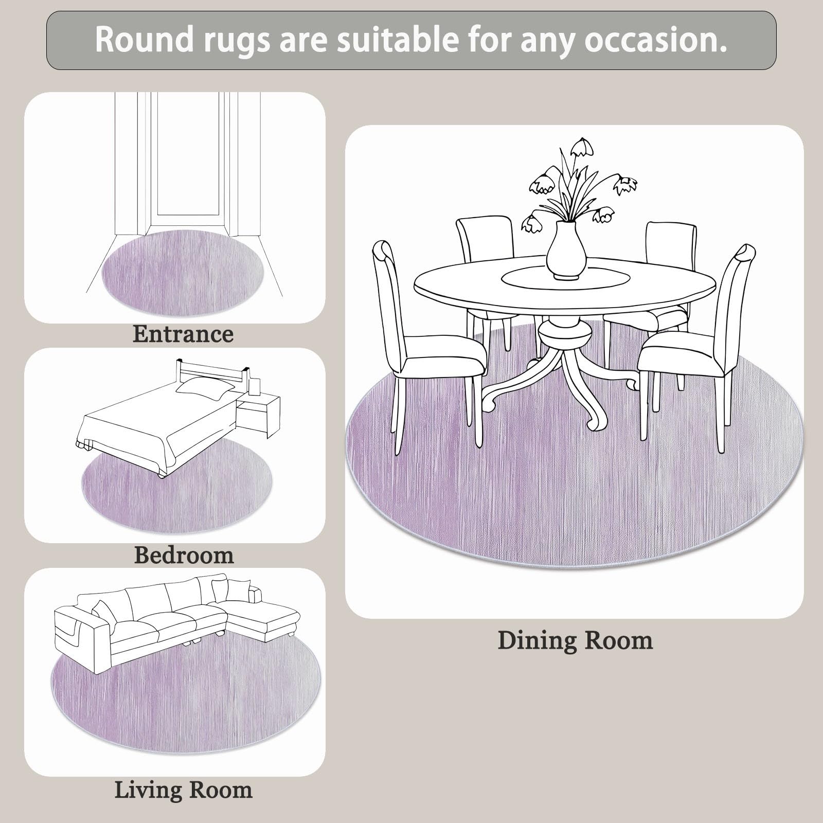 Alfombra Redonda Rayas Verticales Simples de Color Morado Claro Lavable a máquina, Antideslizante, de Pelo bajo y no desprende Pelo 120 cm (Round) para Sala de Estar, Dormitorio salón Salvia Rosa