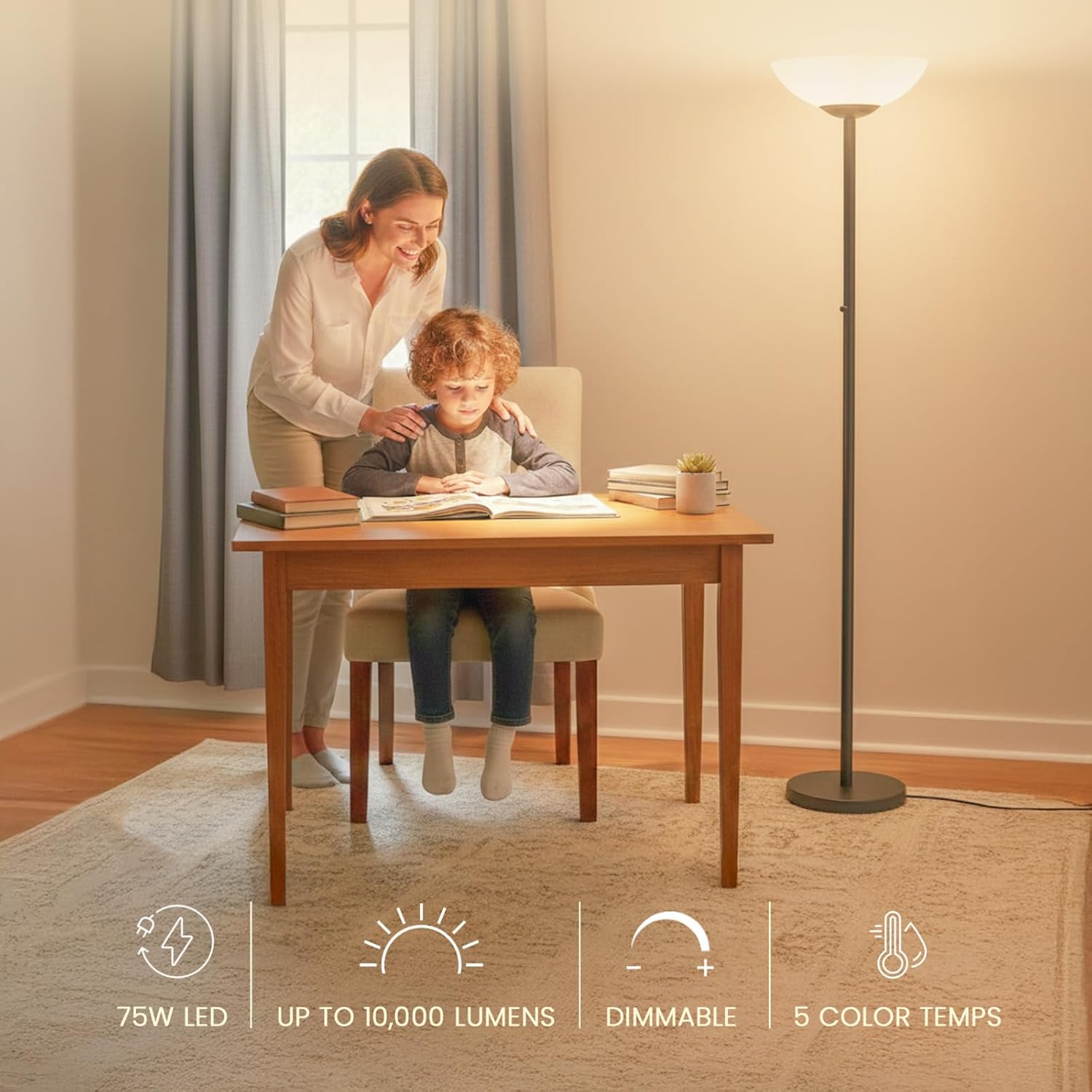 Modern Floor Superlamp 10000 Lumen - LED 75W, Dimmable 5 Changing Color, 85 CRI All Around Light, Tall Corner Standing Lamp with Cement Base and Acrylic Shade, Glare Free UpLight Kit Ready - White