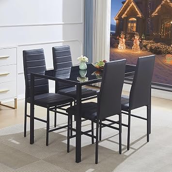 Dining Table Set for 4, 5 Piece Kitchen Table and Chairs for Dinette, Apartment, Compact Space-Saving w/Tempered Glass Tabletop and 4 Upholstered Chairs, Black