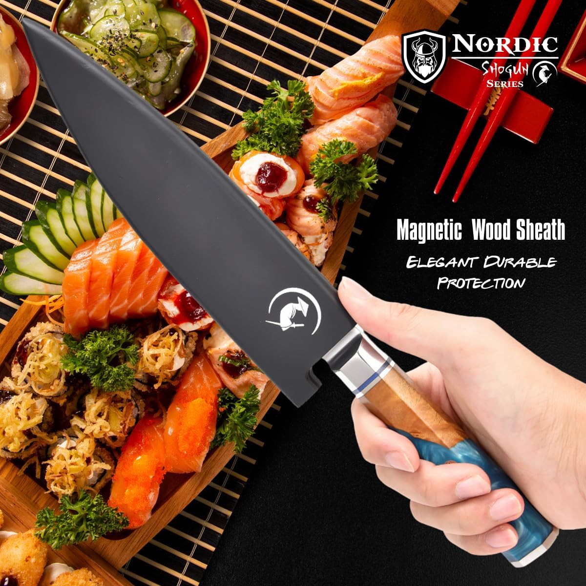 Nordic The New Shogun Series Professional 8-inch Chef Knife, 67-Layer Folded Damascus Super Steel, VG-10 Core, Rockwell 60±2 Hardness, Wood and Resin Handle, Magnetic Sheath.