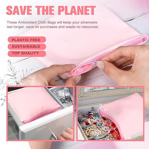 Miniatura 10 de Sanwuta 8 bolsas de almacenamiento plateadas con cremallera, antideslustre, bolsas plateadas protectoras de almacenamiento de joyas (18 x 18