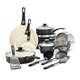 16 Piece Nonstick Cookware Set, Soft Grip Non-Toxic PFAS-Free Ceramic Pots & Pans, Dishwasher & Oven Safe, Frying, Sauce, Utensils, Glass Lids, Stay-Cool Handles, Wobble Free, Black & Cream