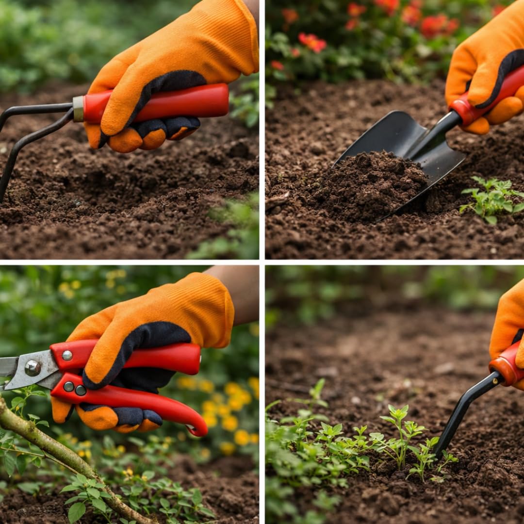 Saphirre Seeds Garden Tool Kit 8 Pieces Including Gloves | Heavy Duty Gardening Tools Set for Home Garden, Balcony, Terrace | Cultivator, Hand Trowel, Fork, Weeder, Pruner & Scissors