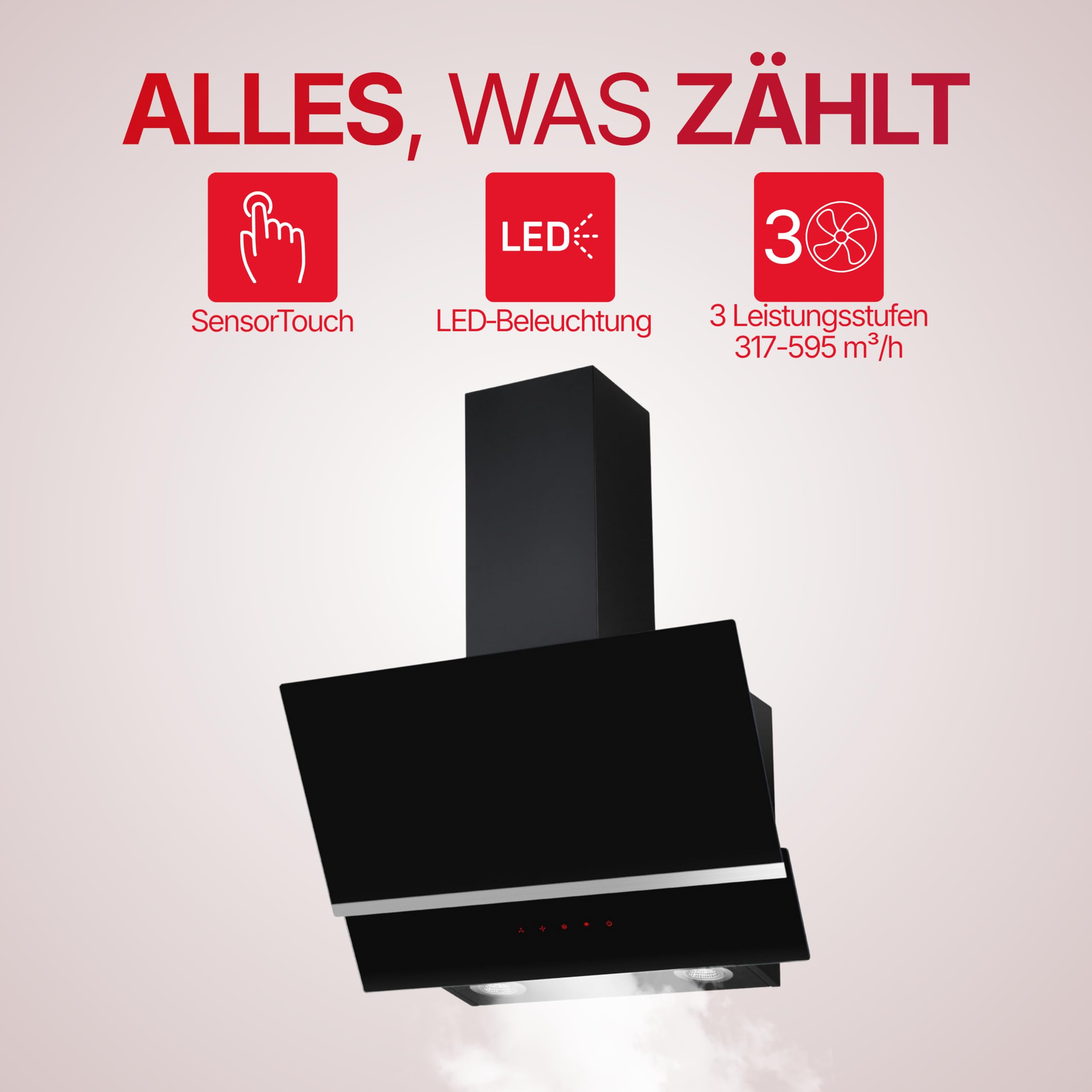Amica Kaminhaube 60 cm 650 m³/h Abluft SensorTouch LED Beleuchtung BLDC Motor Nachlaufautomatik 3 Leistungsstufen KHF 664 611 S – Dunstabzugshaube Schwarzglas