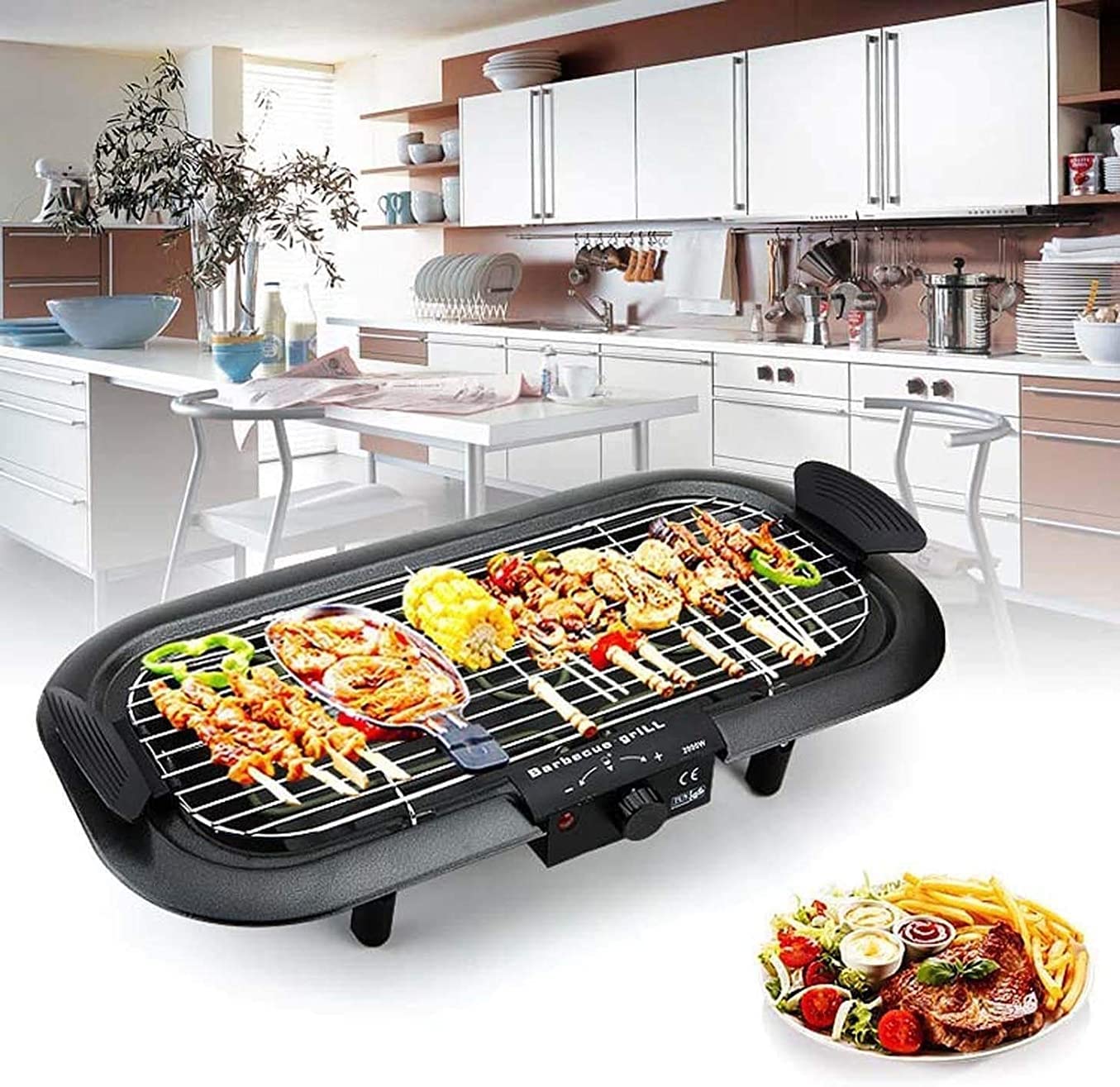 Parrilla Eléctrica Plancha de Asar Parrilla de Barbacoa Multifuncional, Parrilla de Control de Calor termostático Ajustable, Plancha Antiadherente de fácil Limpieza, portátil 1013