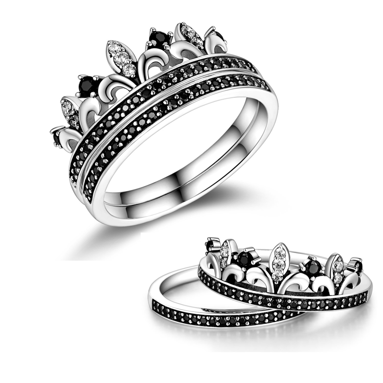 Globalwin Jewellery 2 in 1 Couple Rings 925 Sterling Silver Crystal Rings Wedding Engagement Ring Set for Women Girls Black black