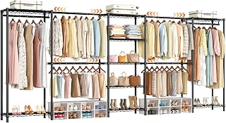 ONBRILL E5 Expandable Heavy Duty Large Freestanding Closet Organizer System | Modular Metal Pipe Clothes Rack with 9 Wire Shelves & 6 Hanging Rods, Garment Rack, Max Load 1350 LBS, Portable Closet, Black