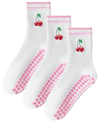 Mokde Mondge Pilates Socks with Non-Slip Grips Yoga Grippy Barre Workout Athletic Crew Anti-Slip Grip Socks for Women - 5-10 - 3 Pairs Pink Cherry