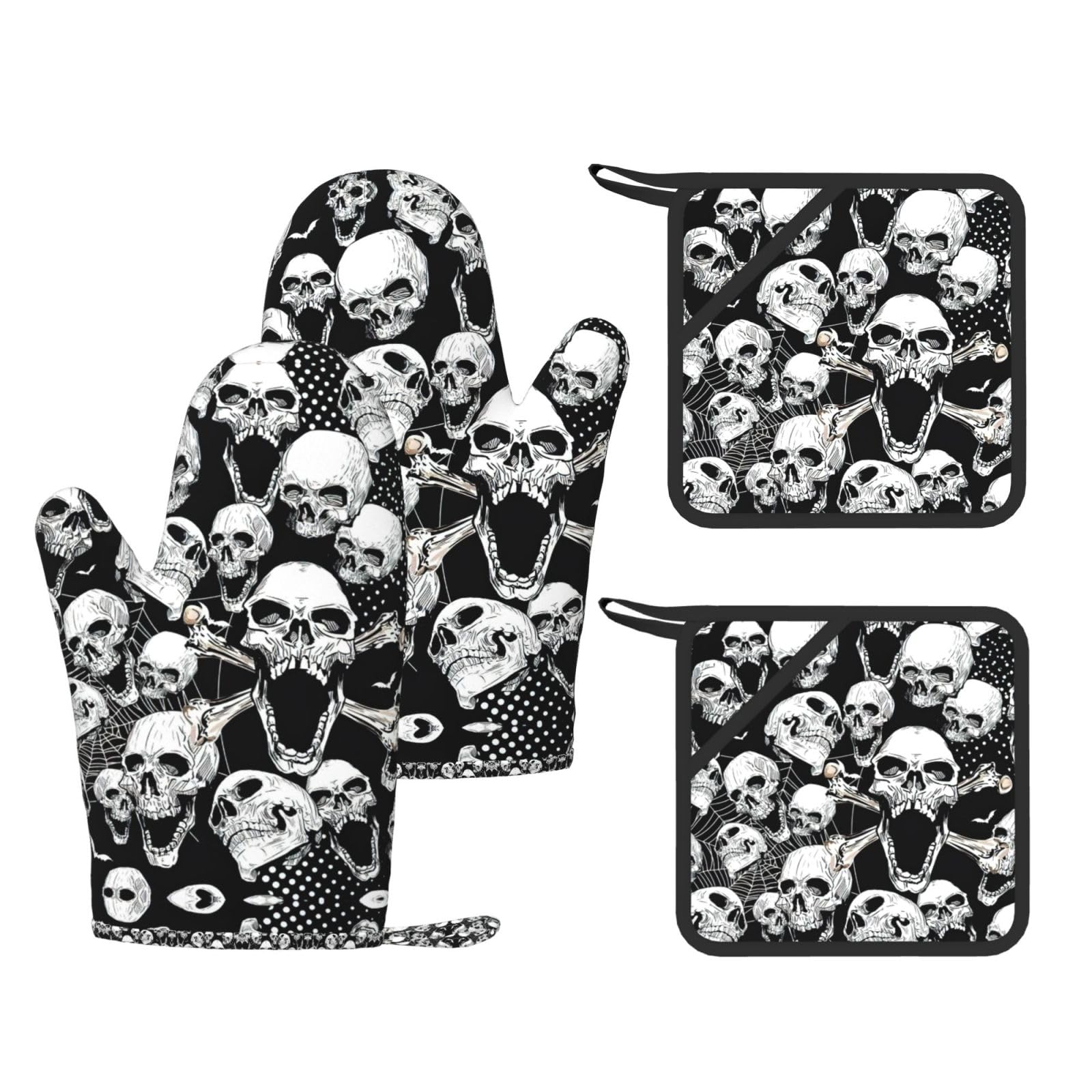 skull background Printed Cooking Mitts and Pot Holders 4 Pcs, Heat Resistant Oven Gloves with Hanging Loop Chef