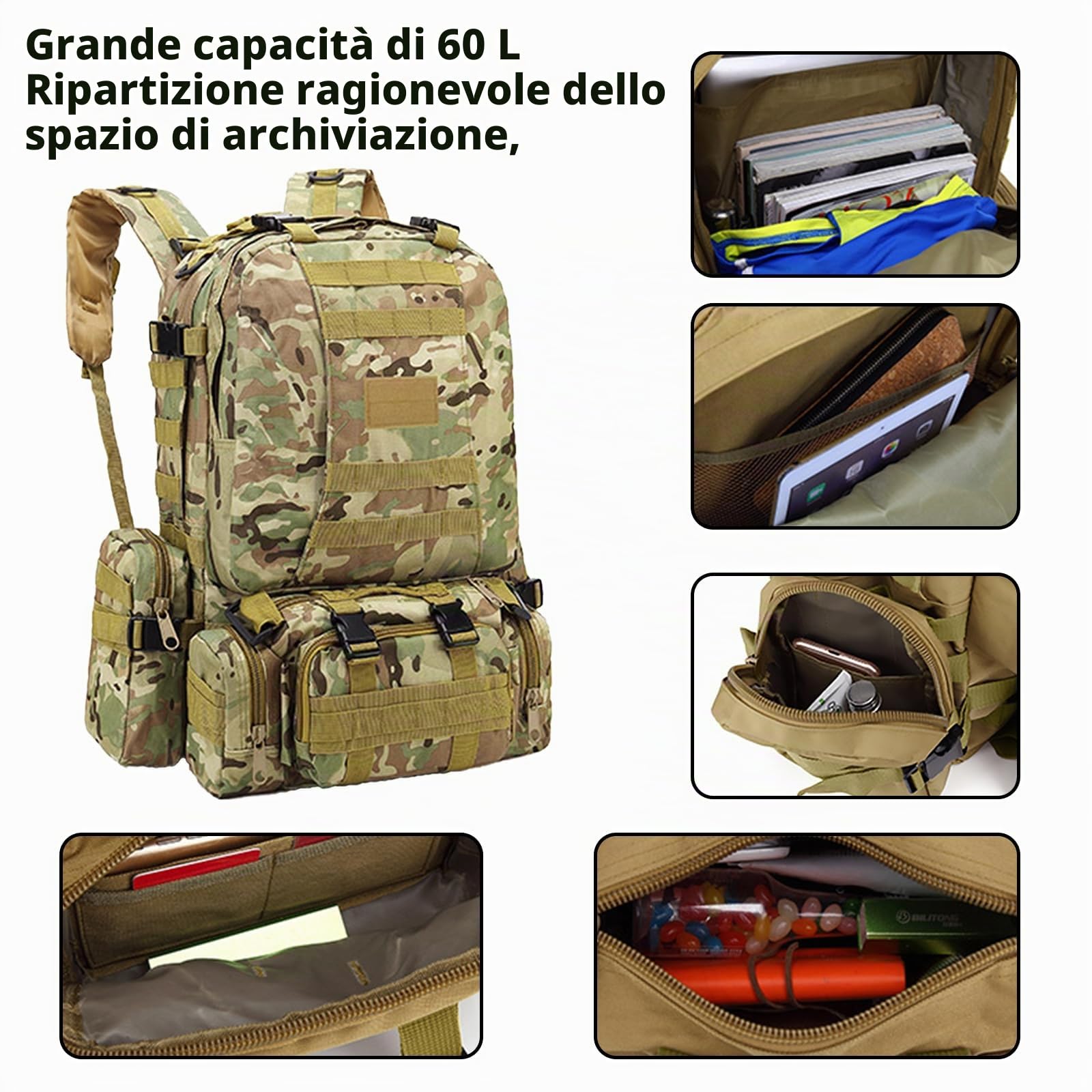 Zaino militare tattico 60L emergenza esterno impermeabile per escursioni campeggio alpinismo