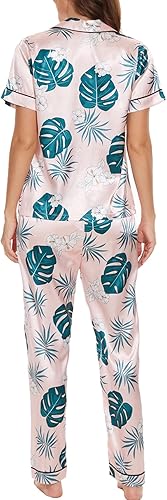 Miniatura 4 de VENTELAN Womens Silk Satin Pajama Sets Short Sleeve Button Down Top and Long Pants 2 Piece Pjs Set Soft Sleepwear